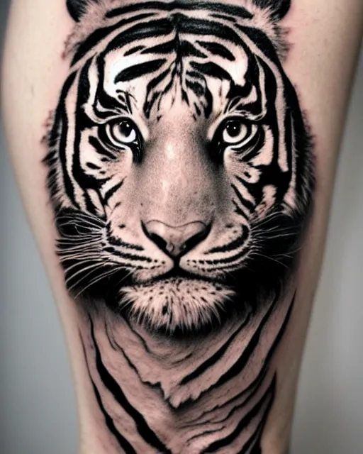 Image similar to a girl with a tiger hat tattoo, hyper realistic, hyper detailed, by eliot kohek