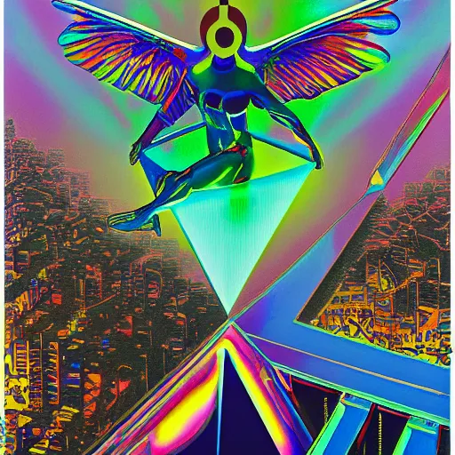 Prompt: misty distorted holographic village triangle cuckoo mead archangel sage , by Jeff Koons and Moebius and Felix Vallotton , 8K , cyberpunk , cluttered