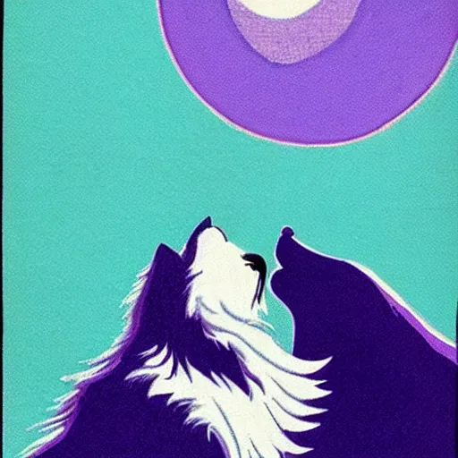 Prompt: 1980s tshirt art of a man's face and a white fluffy cat's face howling at the moon. shades of blue and violet. high quality high resolution award winning. sorrowful.