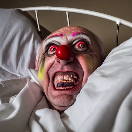 Image similar to delirious elderly clown supine in hospital bed, strapped into bed with restraints, trying to get out but unsuccessful, photograph, 8 k