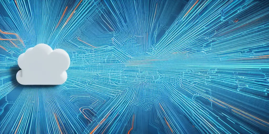 Prompt: Several computers connected to a cloud, network pattern at the background. Minimalistic design, contemporary design, abstract design, parallax. Blue, cyan and orange palette. Vivid, 8K, Epic, Masterpiece