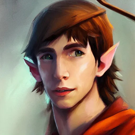 Image similar to A portrait of a adolescent male half-elf wizard who is tall and slim, focus on face, short brown hair, smiling, wizard robes, staff, sharp focus, highly detailed, photograph, cinematic, dynamic lighting, trending on artstation, digital painting, in the style of Chris Ostrowski