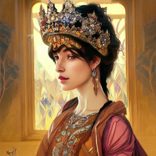 Image similar to portrait of a stunningly beautiful kurdish queen wearing a beautiful crown, highly detailed, digital painting, artstation, concept art, sharp focus, illustration, art by artgerm and greg rutkowski and alphonse mucha, incredibly beautiful and symmetrical face, incredibly detailed, award winning art, royal