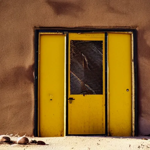 Image similar to a long, ground level shot of a standard door made of metal, the door has a shell made of concrete, facing the camera, set somewhere in nevada desert, barren mountains far away, centered composition, high noon, brightly-lit, yellow cinematic lighting