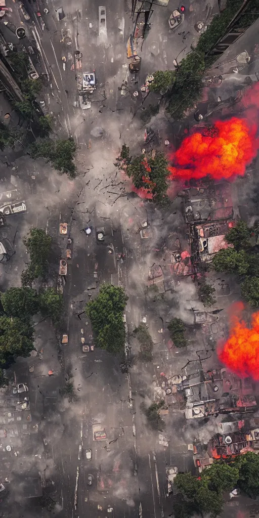 Image similar to post - apocalyptic kreuzberg streets covered in colorful smoke, burned cars, explosions, hyperrealistic, gritty, damaged, drone photography, photorealistic, high details