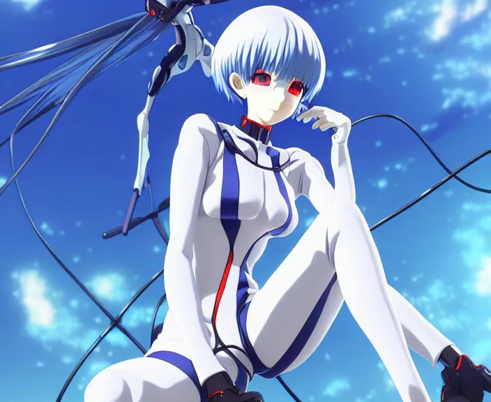 Image similar to anime art, fullbody shot of female rei ayanami, evangelion, long blue hair and large eyes, finely detailed perfect face, in a pale skintight plugsuit, sitting on rooftop, flooded city, trending on pixiv fanbox, by ilya kuvshinov, sola digital arts,, raytracing