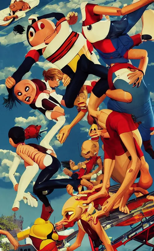 Image similar to magazine cover of a crash test dummy falling onto a family picnic, digital painting masterpiece, advanced lighting technology, stylized yet realistic anatomy and face, gorgeous, by reiq and jamie hewlett and bengus and akiman and shigenori soejima and bastien vives and balak and michael sanlaville, 4 k wallpaper, cinematic