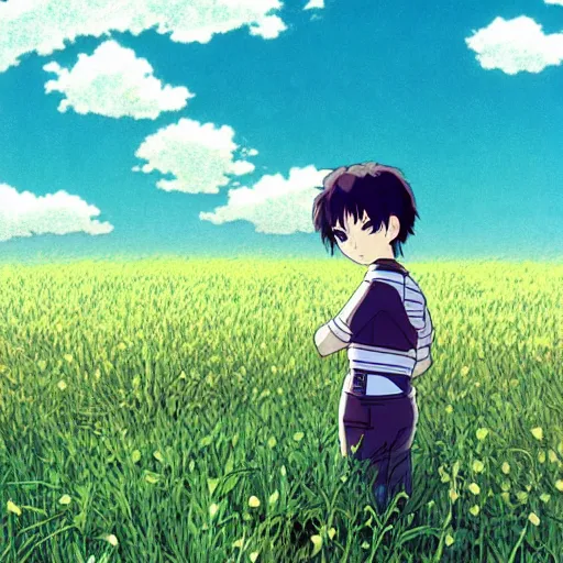 Prompt: cute android boy, wandering a grassy meadow, beautiful anime art, by Studio Ghibli.