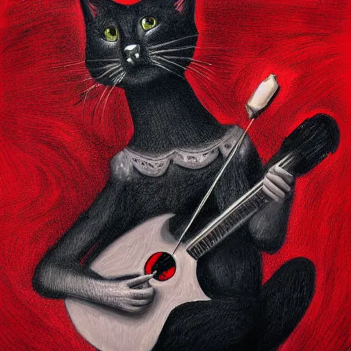 Prompt: black white red realistic painting on black paper, folkloric illustration , the cat guitar player , tarot by Andreas Rocha
