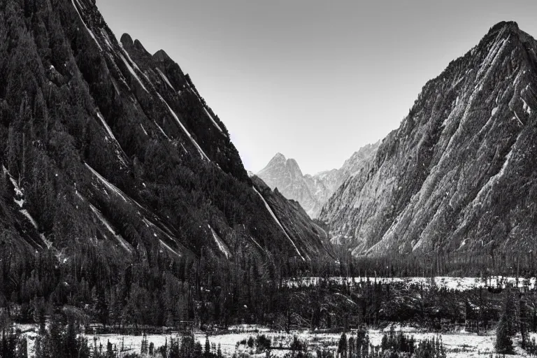 Prompt: distant tyrannosaurus rex large theropod dinosaur inside a valley, huge snowy peaks, in the style of ansel adams, black and white, old, master photography