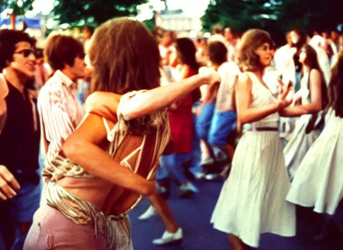 Image similar to close-up color film photography 1970s, people dancing at the festival, soft focus, golden hour, soft light, 35mm, film photo, Joel Meyerowitz