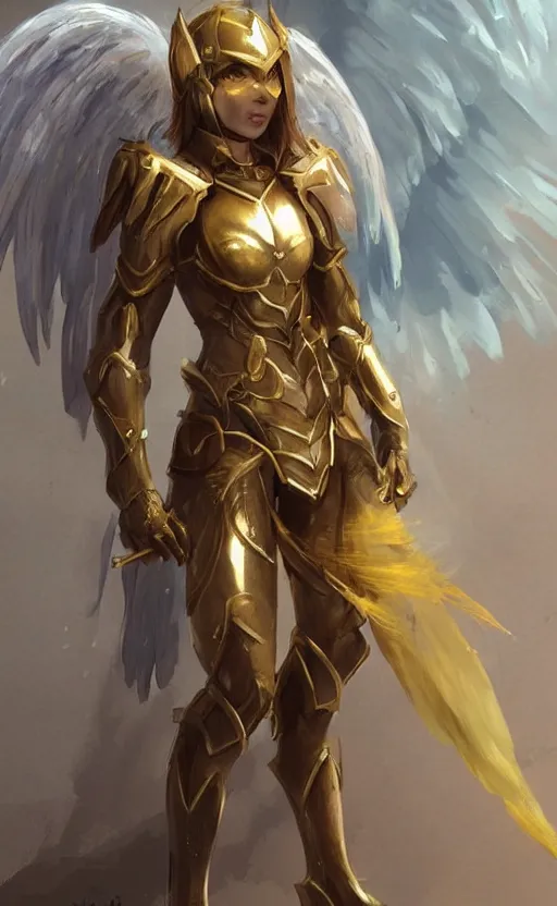 Prompt: Concept art, angel knight girl in golden and cooper armor, artstation trending, highly detailded