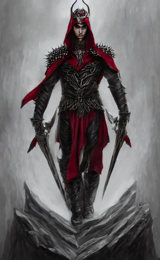 Prompt: A portrait of a male elf, 20 years old, short silver hair, red eyes, wearing a spiked black metal crown, black heavy armor with gold trim, and a red cape, lean but muscular, attractive, command presence, royalty, weathered face, smooth, sharp focus, illustration, concept art, highly detailed portrait muscle definition, fantasy painting, ArtStation, ArtStation HQ