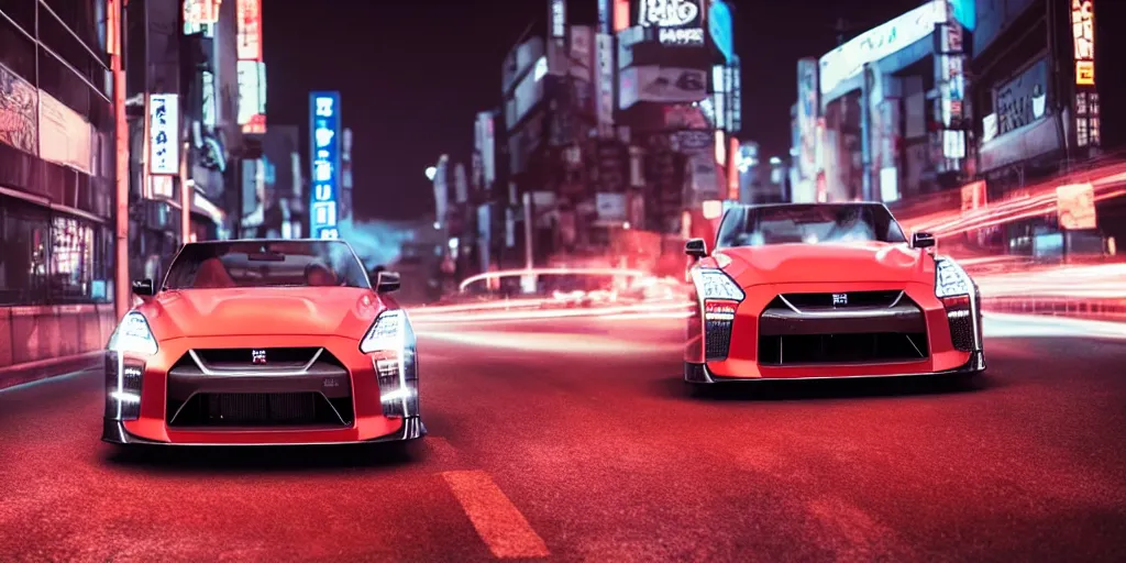 Image similar to NISSAN GT-R with blood vinyil in the middle of a road on the night Tokyo, blue color grading, cinematic color grading , unreal 5, hyperrealistic, realistic, photorealistic, dynamic lighting, highly detailed, cinematic landscape, studio landscape, studio lighting