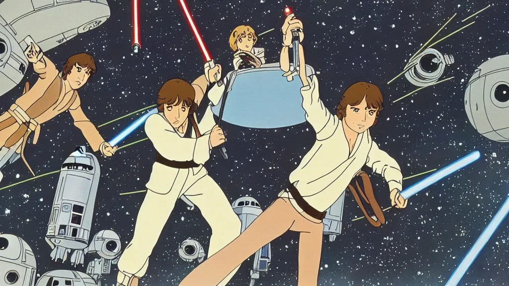 Prompt: film still Star Wars a new hope 1977 studio ghibli animation