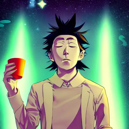 Image similar to A man drinking a cup of cosmic energy bright light by Masafumi Harada, 4k, digital art, surreal, anime style, space dandy style, highly detailed, godsend, artstation