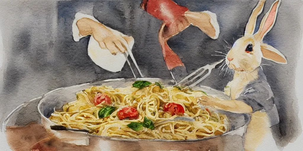 Image similar to a rabbit cooking pasta in a french restaurant kitchen, realistic watercolour