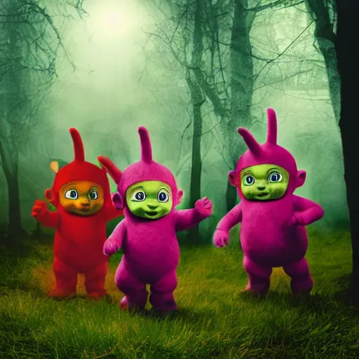 Image similar to demonic teletubbies in magical forest, dark atmosphere, high detail, soft lighting