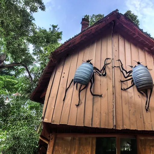 Image similar to a photo of a giant ant on an house, wide angle