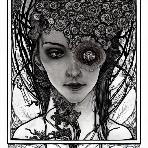 Image similar to a beautiful detailed front view portrait of a rotten woman corpse with fractal plants and fractal flowers and mushrooms growing around, symmetrical, ornate, ornamentation, illustration, in the style of art nouveau, mucha