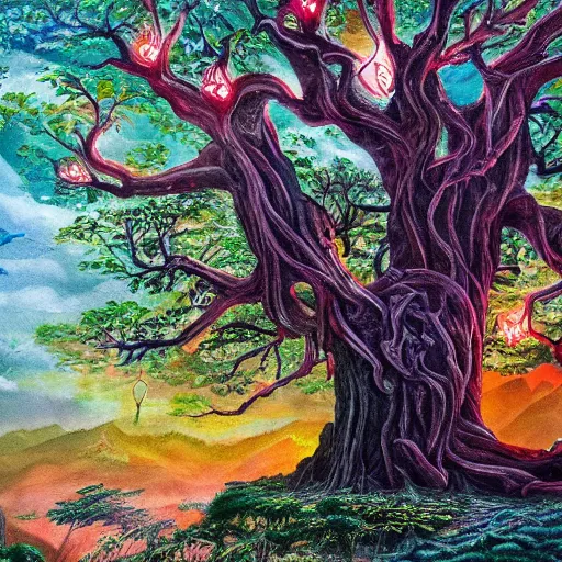 Image similar to A 100 year old ancient huge glowing tree, fantasy painting, lots of detail