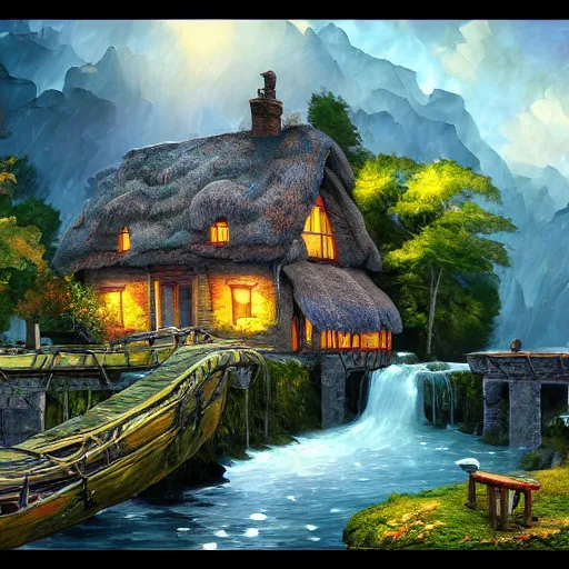 Image similar to cottage on waterfall cryengine render by android jones, james christensen, rob gonsalves, leonid afremov and tim white