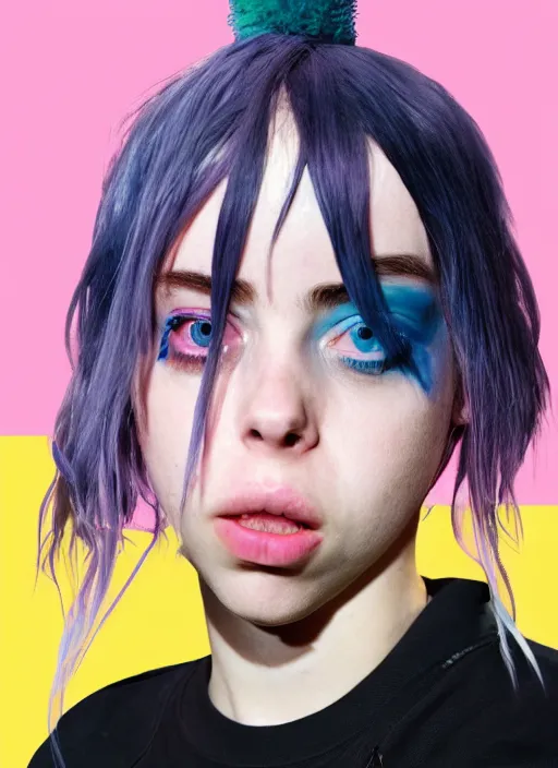 Image similar to a hyper realistic render of billie eilish wearing a melting ice cream cone as a hat, au naturel