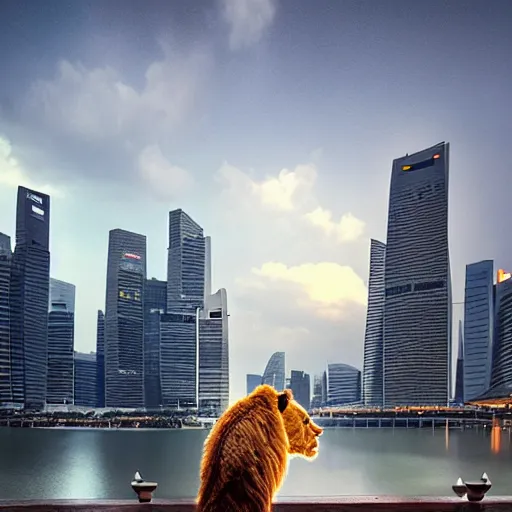 Image similar to Singapore Esplanade Marina Bay city with a lion-shaped cloud in the sky, by greg rutkowski, red and white lighting, digital art, ultra realistic, ultra detailed, photorealistic, 4k, character concept