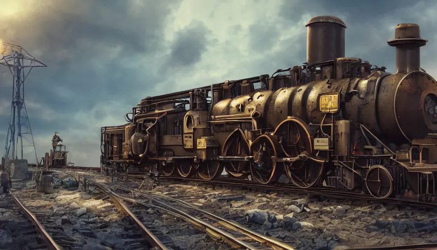 Image similar to steampunk locomotive, cinematic, low angle, dramatic lighting, artstation, cgsociety, octane render, blue leds