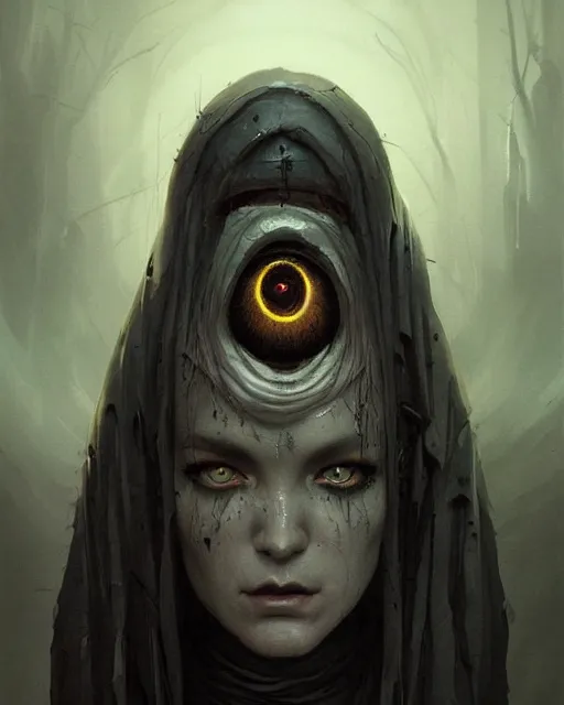 Image similar to professional ominous concept art portrait of a character with black ink makeup and black eyeballs by artgerm and greg rutkowski. an intricate, elegant, highly detailed digital painting, concept art, smooth, sharp focus, illustration, in the style of simon stalenhag, wayne barlowe, and igor kieryluk.