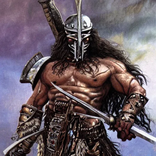 Image similar to a photorealistic painting of Conan the slayer , in a horned helmet and ironpunk death metal armor, wielding an axe, extremely muscular male fantasy hero, extremely detailed, mixed media style comic book artwork, artstation, medieval fantasy art, sharp focus, perfectly symmetrical facial features, melancholy lighting, art by Barry Windsor-Smith and Bill Sienkiewicz , hyperrealism, golden ratio, hyperdetailed, heavily detailed and intricate