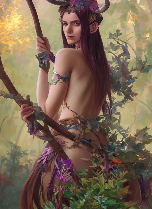 Image similar to cute Tiefling Druid with long horns, colorful leaves on light leather armor, holding tree staff, ,demon tail light-brown skin, highly detailed, digital painting, artstation, concept art, sharp focus, illustration, art by artgerm and greg rutkowski and alphonse mucha