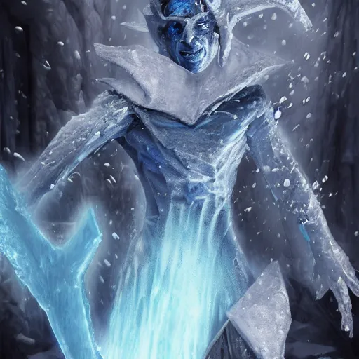 Image similar to a blue tiefling man frozen in a block of ice and being shattering into a million pieces, block of ice breaking apart, wearing dark cloths, ice block, cracked, destroyed, shattering, breaking, by Tony Sart, detailed, realistic, masterpiece