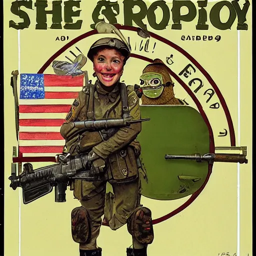 Image similar to soldier and comrads and pepe the frog by norman rockwell