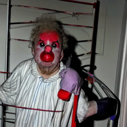 Image similar to elderly clown with violent restraints connected to hospital bed