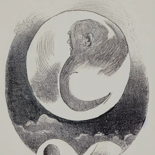 Prompt: crescent moon with man face smiling portrait, side view, surrounded by clouds, illustrated by peggy fortnum and beatrix potter and sir john tenniel