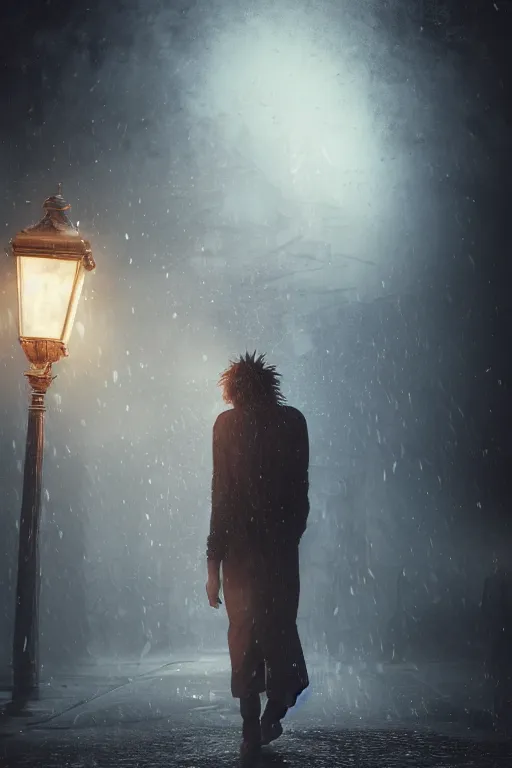 Image similar to a realistic photo of sandman, dream of the endless, by neil gaiman, pale face, spiky hair, swirling mist, intricate details and textures, mystical feeling, a dark and misty alley lit by gas lanterns, hyper realistic octane render, volumetric shading, depth of field, raytracing, 8 k,