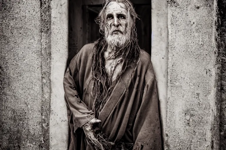 Prompt: character and environment photography, portrait shamanistic infested 6 0 - year - old male druid, messy hair, old tattered robe, medium shot, wide angle, 2 0 0 px, full front, natural light