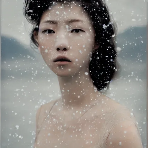 Image similar to a instax photo of fuji mountain, a tall japanese girl in a transparent sheer fabric dress against the background of fuji mountain, severe snow, full body shot, perfect symmetrical body, perfect symmetrical face, coherent symmetrical eyes, by peter kemp, by monia merlo, hyperrealistic, hyperdetailed, octane render, 8 k