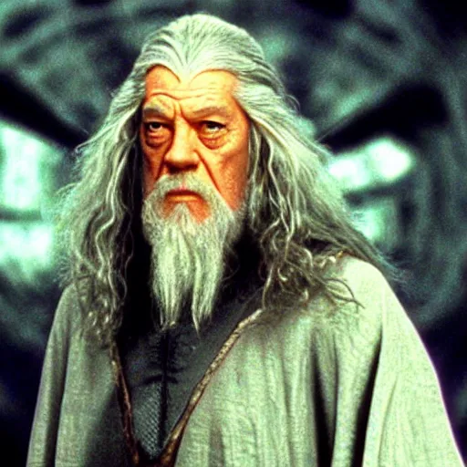 Prompt: a still of gandalf in the matrix (1999)