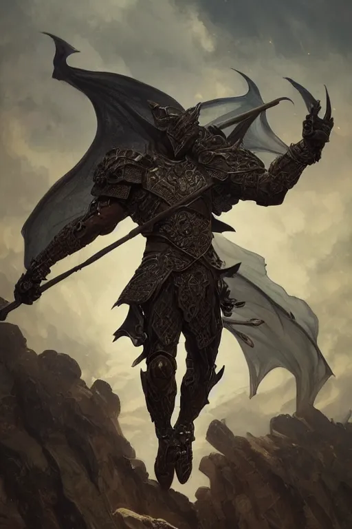 Image similar to male warrior, wearing a dark armor, dragon flying in the sky, intricate, elegant, highly detailed, digital painting, artstation, concept art, smooth, sharp focus, illustration, art by artgerm and greg rutkowski and alphonse mucha and andrei riabovitchev