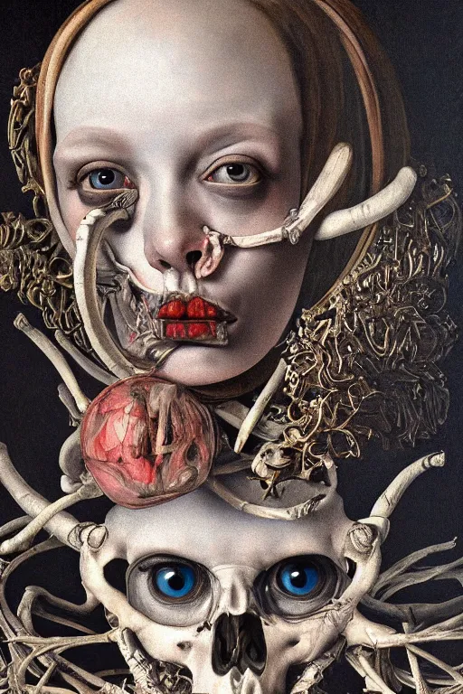 Image similar to Detailed maximalist portrait with large lips and with large, wide eyes, sad expression, extra bones, flesh, HD mixed media, 3D collage, highly detailed and intricate, surreal, illustration in the style of Caravaggio, dark art, baroque