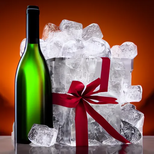 Image similar to wine bottle in ice gift box, highly detailed, concept art, realistic, octane render, unreal engine, up close shot