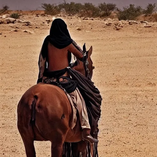 Prompt: beautiful burqa's woman, ride horse in saharan, dress like taliban, sharp eyes, white skin, beautiful tatted hands, riffle on chest, dust, cinematic, dynamic pose, pinterest