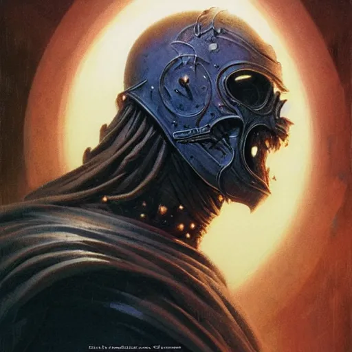 Image similar to head and shoulders portrait of a spectral wraith paladin, d & d, fantasy, greg rutkowski, frank frazetta, alexandre chaudret, boris vallejo, michael whelan, miro petrov, hr giger, magali villeneuve, donato giancola