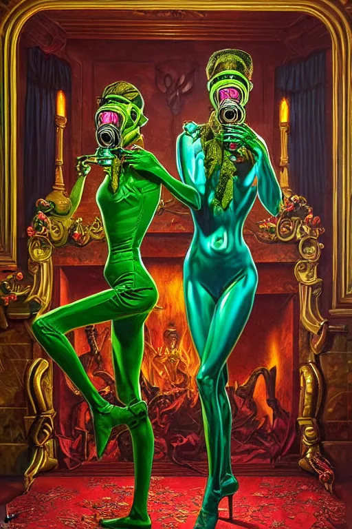 Prompt: two skinny, fleshy figures with extra limbs, wearing ornate gas masks and draped in silky green and pink high fashion, sit next to a fireplace with swirling blue flames inside grand room by greg hildebrandt, mark brooks, karol bak, hauntingly surreal, highly detailed painting with neon by jenny saville, soft light 8 k