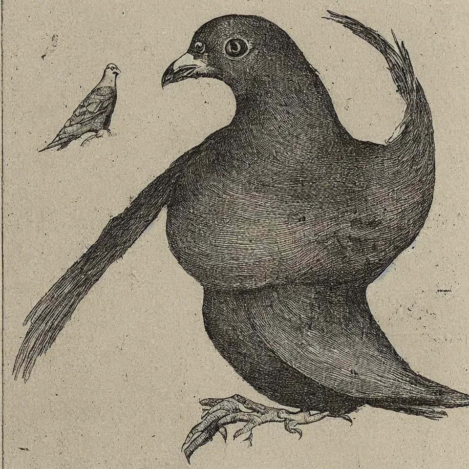 Prompt: etching of a pigeon on style of albrecht duerer