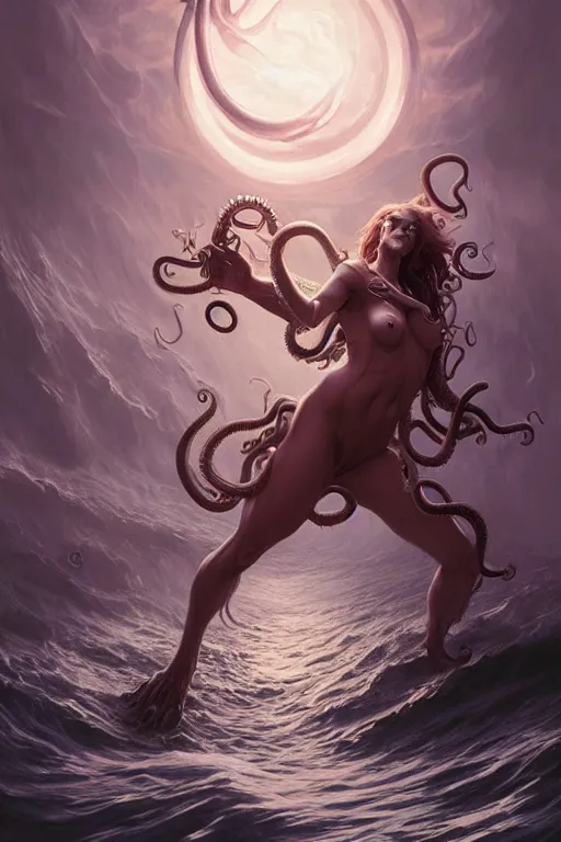 Image similar to lovercraft creature emerging from the sea, horror, darkness, tentacles, highly detailed, digital painting, artstation, concept art, matte, sharp focus, illustration, hearthstone, art by artgerm and greg rutkowski and alphonse mucha