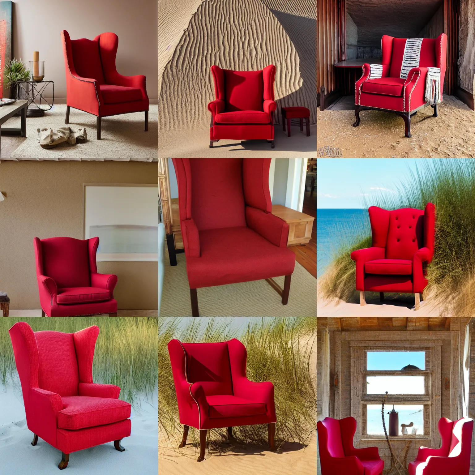 Prompt: red wingback chair on beautiful sand dunes