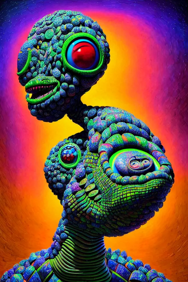 Prompt: portrait of a giant cartoon alien made out of cobblestone as a psychedelic neural tiki reptile god by naoto hattori, android jones, and chris dyer, deep bold colors, galactic dmt entity, depth of field, intricate beautiful painting, billions of details, octane render, portal, 8 k, detailed vector, trending on artstation, cgisociety